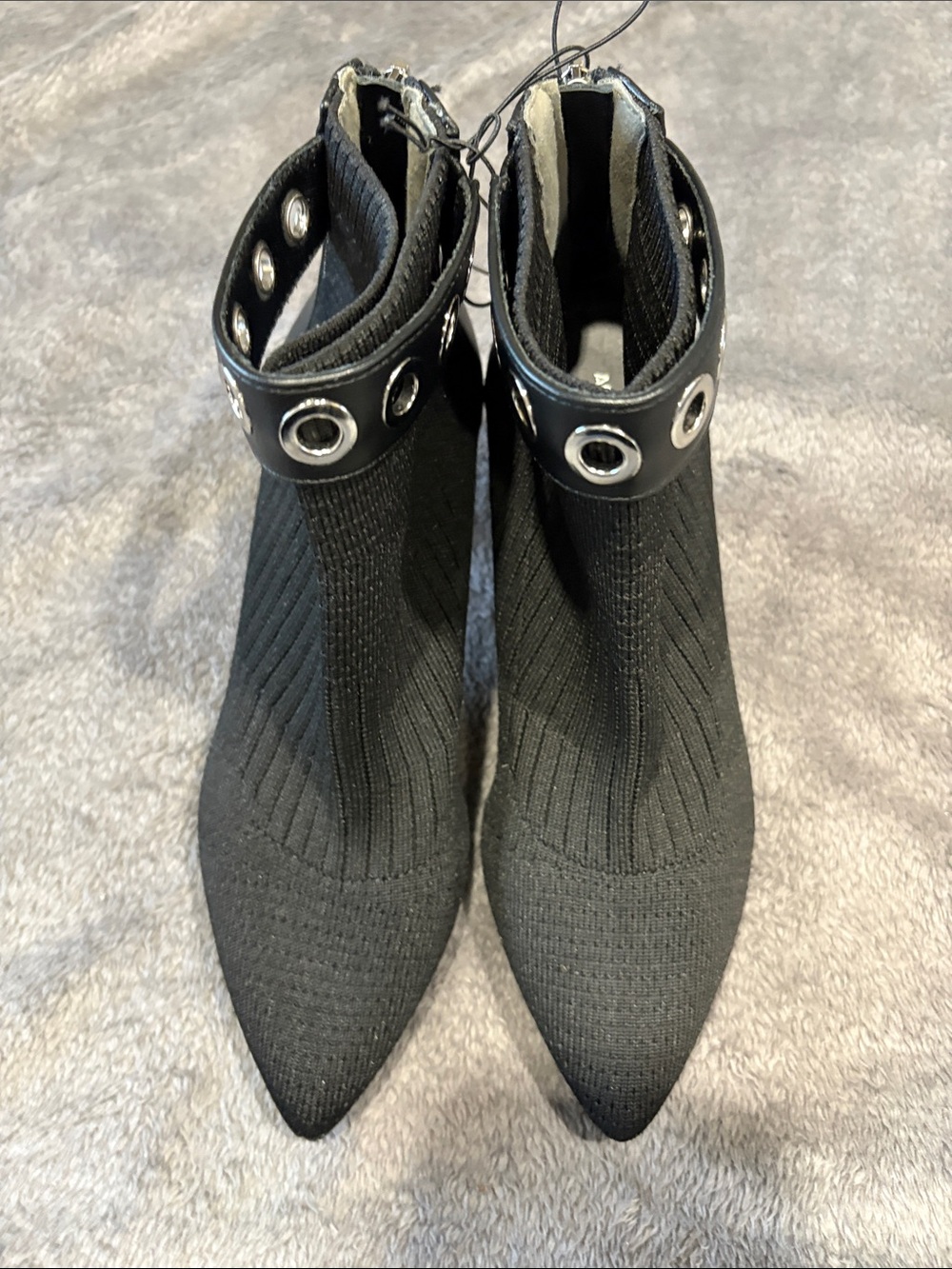 Adrienne Vittadini Black Knit Pointed Ankle Booties with Grommet Strap